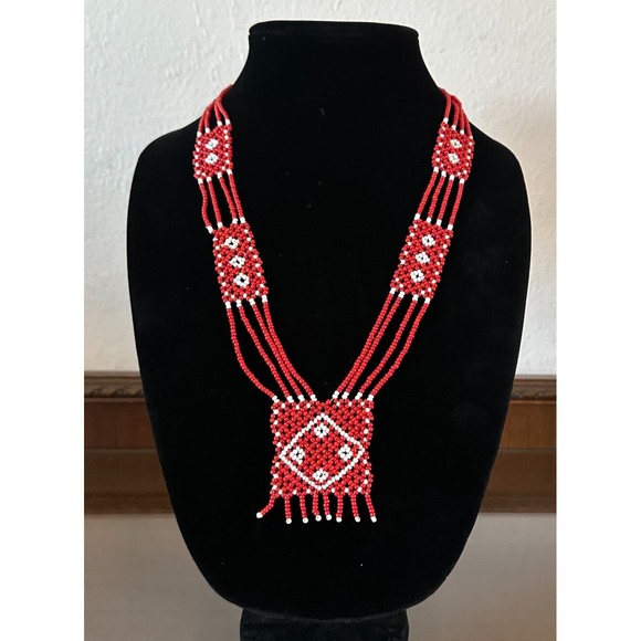 Jewelry - Native American 4 Strand Red Seed Art Beadwork Necklace Fringe Seed Beads 14''